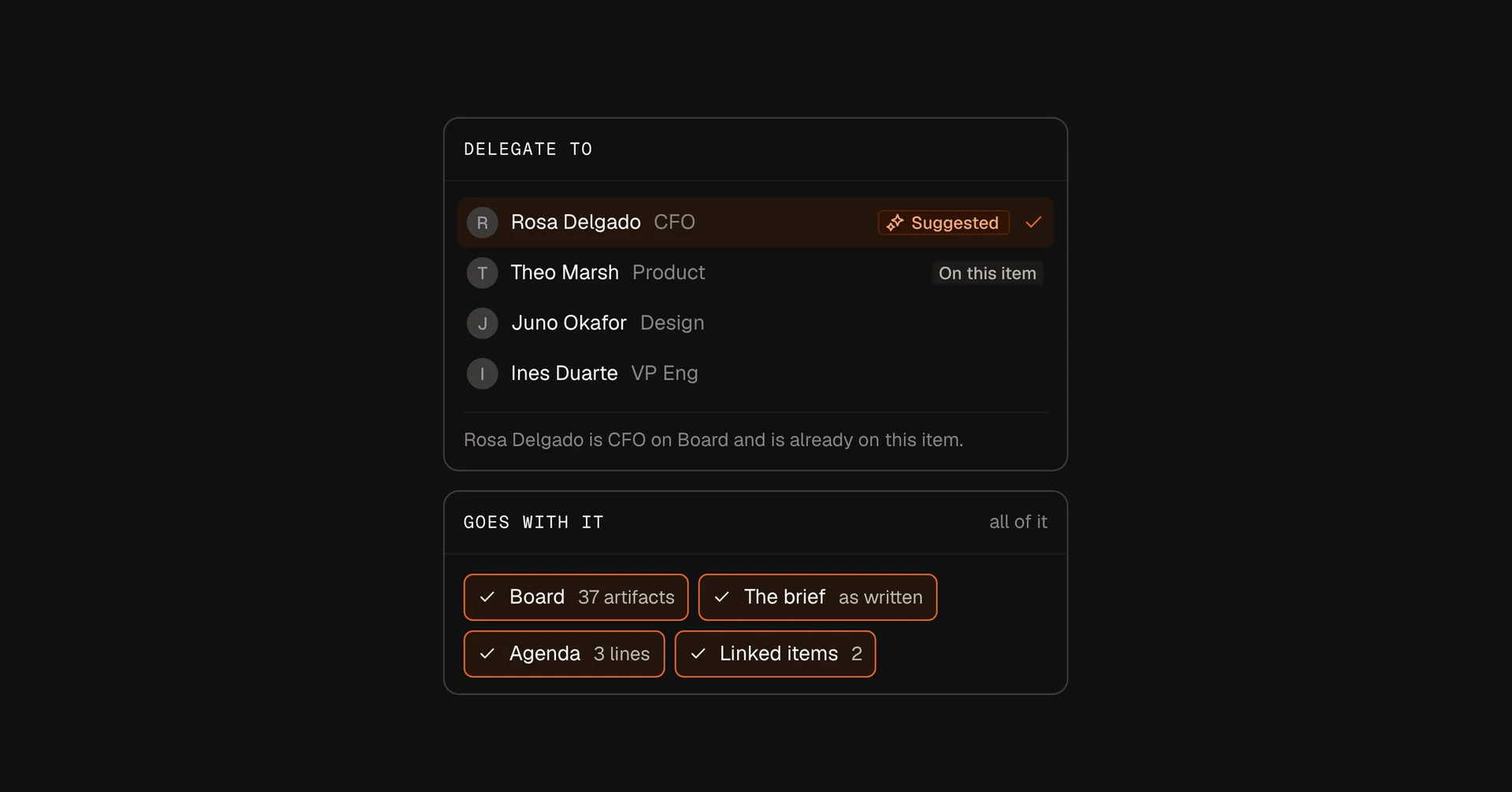 Delegating: a suggested person, and what goes with the task